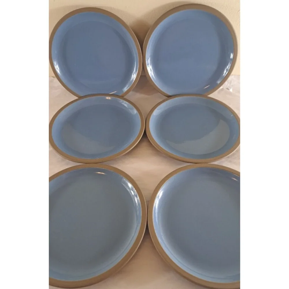 Midwinter Bluestone Salad Plates Set Of 6 Stoneware Blue Tan Minimalist 7.75